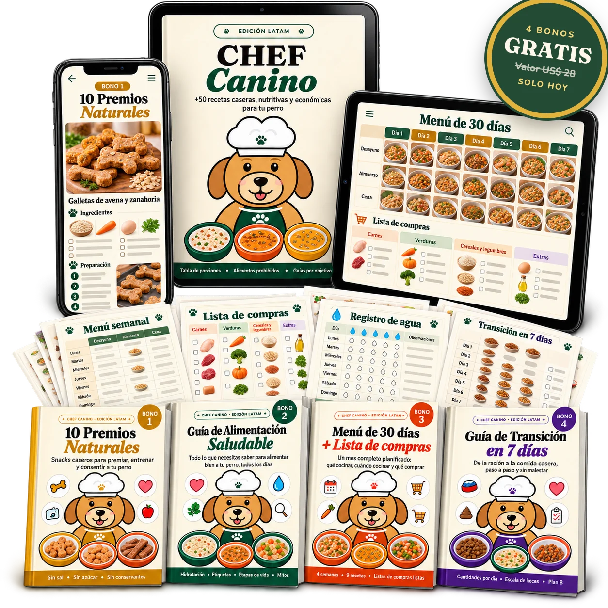 Los 4 bonos de Chef Canino en celular, tableta y PDF