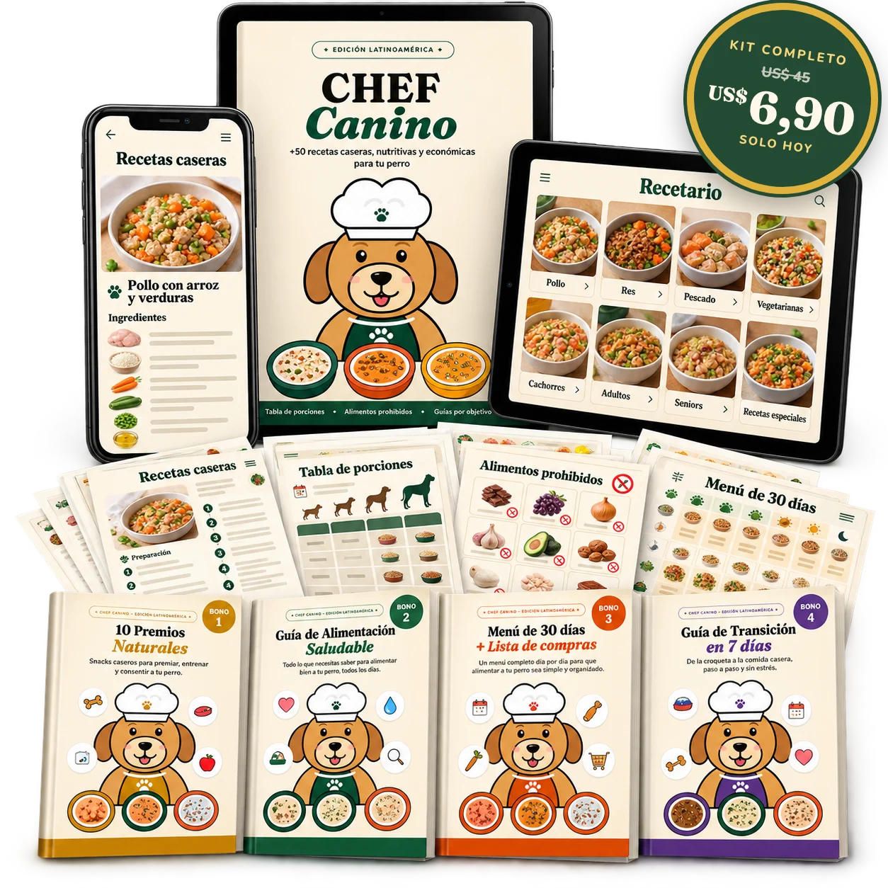 Kit Chef Canino en celular, tableta y PDF: libro principal, páginas de muestra y 4 bonos